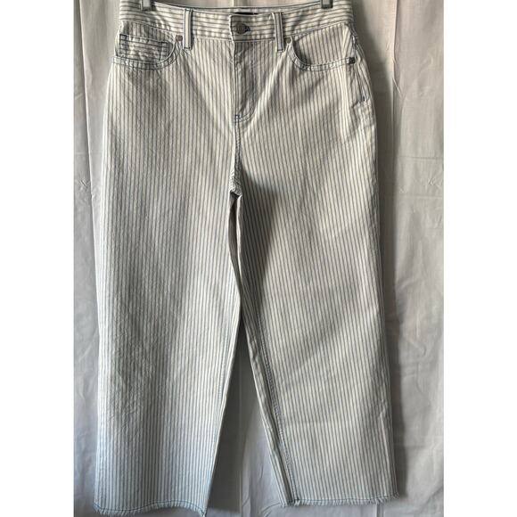 Talbots Wide Leg Crop Jeans Blue White Stripes Raw Hem Size 4 - Picture 1 of 7